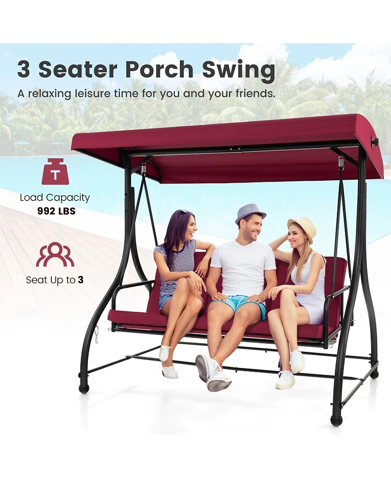 3 Seat Outdoor Porch Swing with Adjustable Canopy