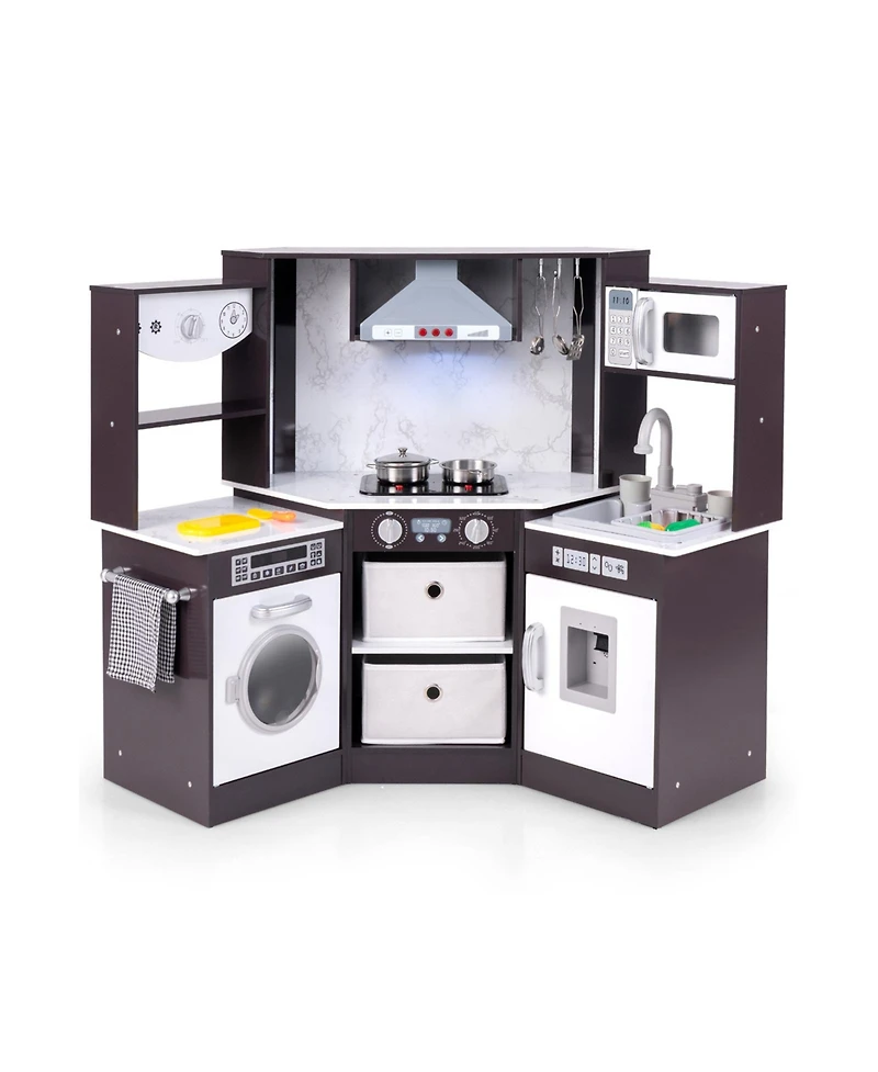 Wooden Kids Play Kitchen Playset with Realistic Lights and Sounds