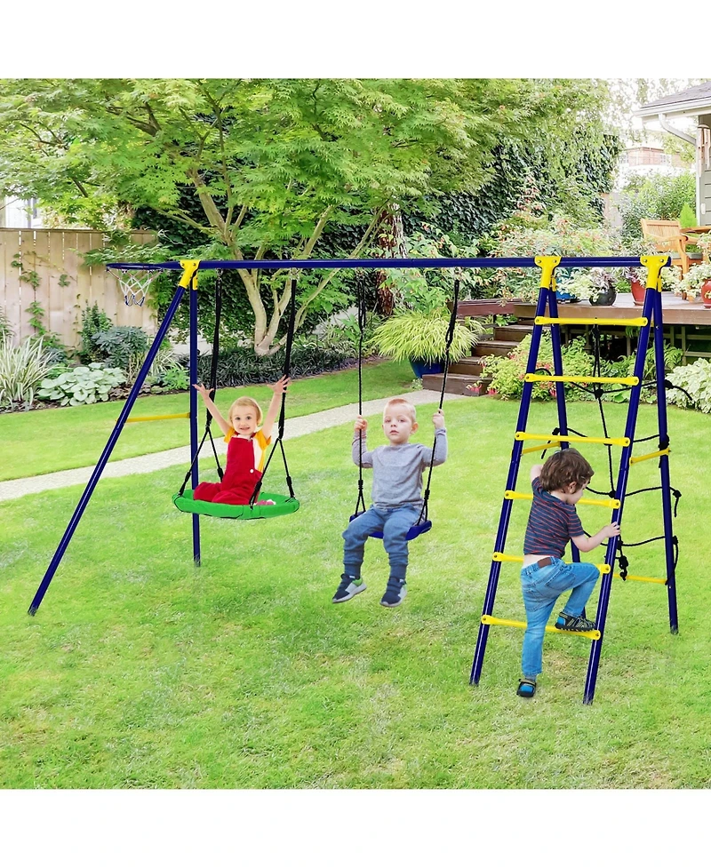 5-In-1 Outdoor Kids Swing Set with A-Shaped Metal Frame and Ground Stake