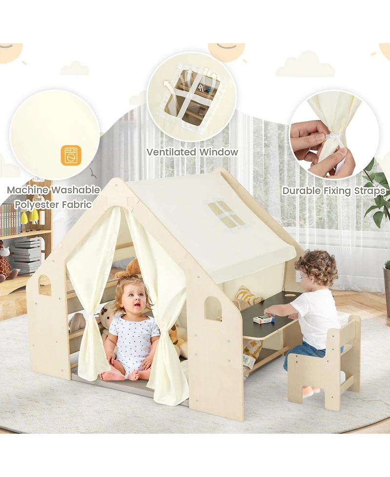 6-in-1 Kids Play Tent Playhouse with Blackboard 6 Storage Bins and Floor Cushion