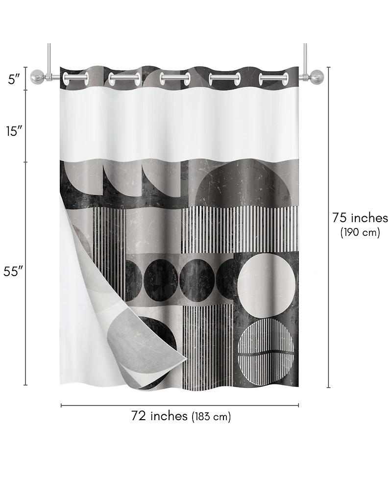 Americanflat 72x75 Hookless Shower Curtain - Abstract Shower Black Grey Curtain with Sheer Panel, Snap-In Liner, and Grommets
