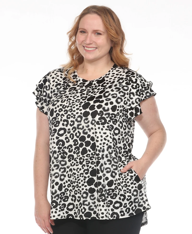 White Mark Plus Bold Leopard Print Ruffle Sleeve Top
