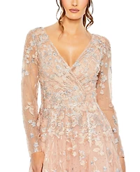 Mac Duggal Women's Embellished Wrap Over Illusion Long Sleeve A Line