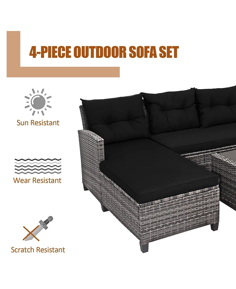 4 Pieces Patio Rattan Sofa Furniture Set with Cushion and 2-Tier Coffee Table