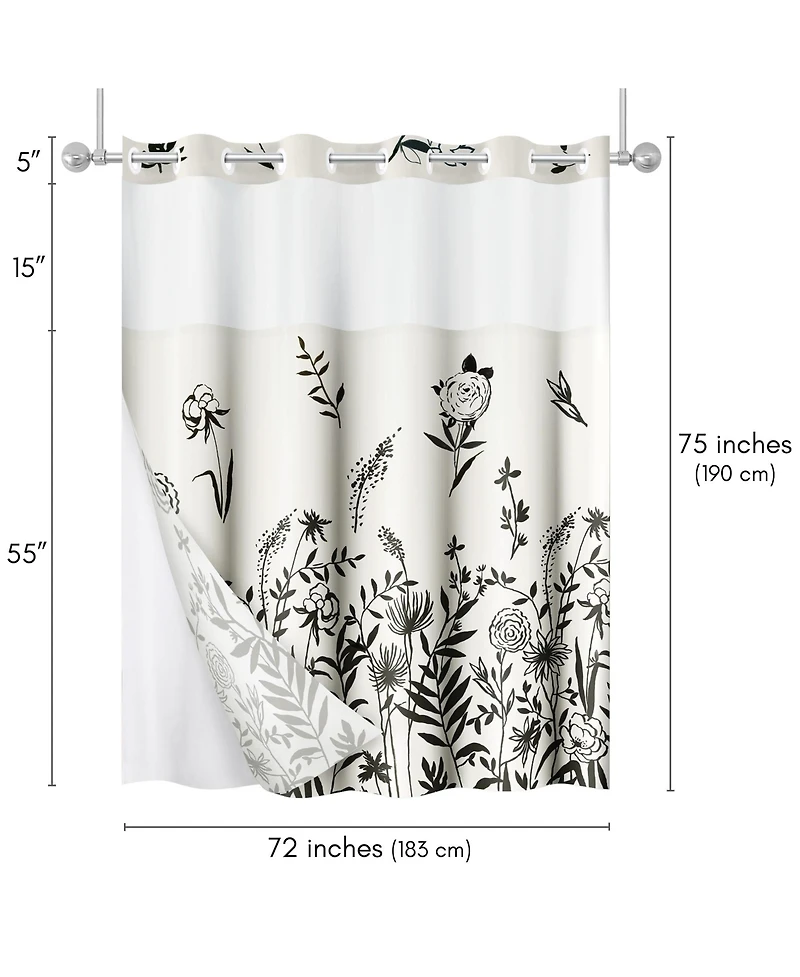 Americanflat 72x75 Hookless Shower Curtain - Floral and Shower Curtain with Sheer Panel, Snap-In Liner, and Grommets