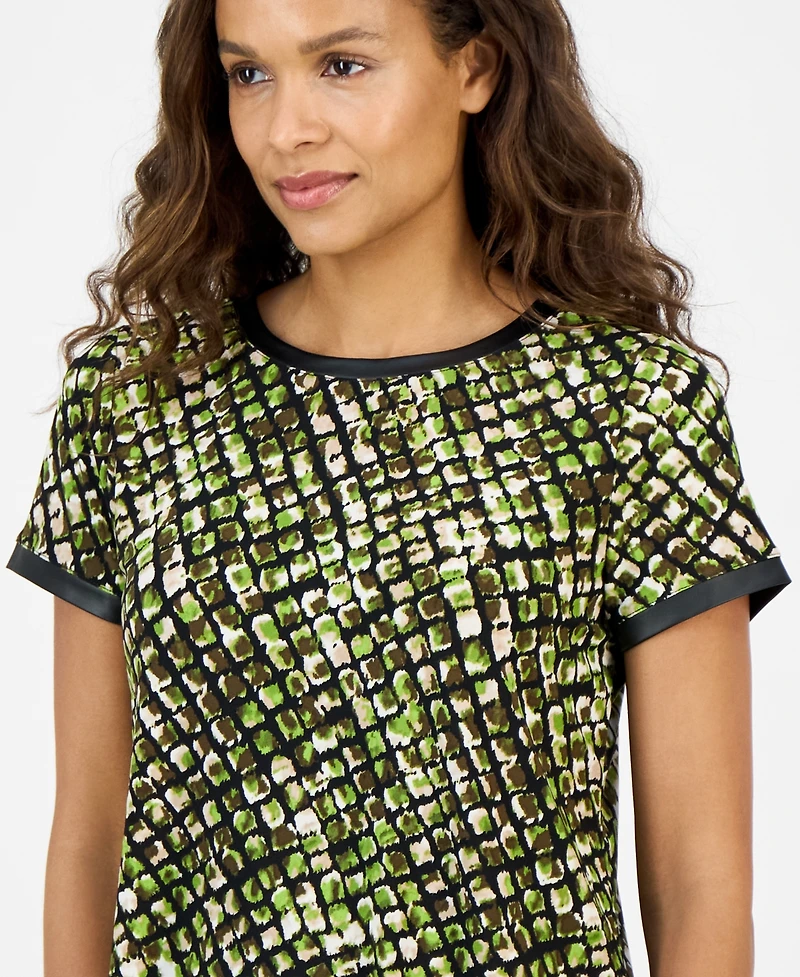 Ak Anne Klein Petite Animal-Print Button-Back Top