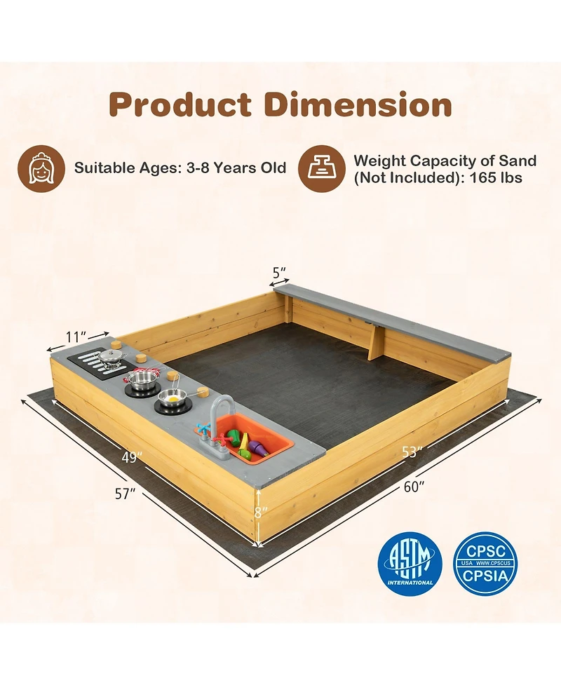 Wooden Sandbox Kids Sand Pit with Kitchen Playset Accessories for 3-8 Years Old