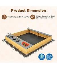 Wooden Sandbox Kids Sand Pit with Kitchen Playset Accessories for 3-8 Years Old