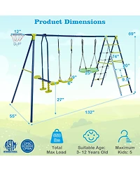 550 Lbs 6-in-1 Patio Kids Swing Set with Climbing Net and Ladder