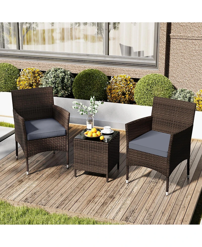 3 Pieces Outdoor Conversation Set with Cushioned Seat and Glass Tabletop