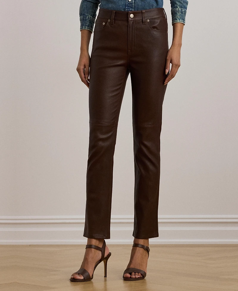 Lauren Ralph Women's High-Rise Lambskin Straight Ankle Pants