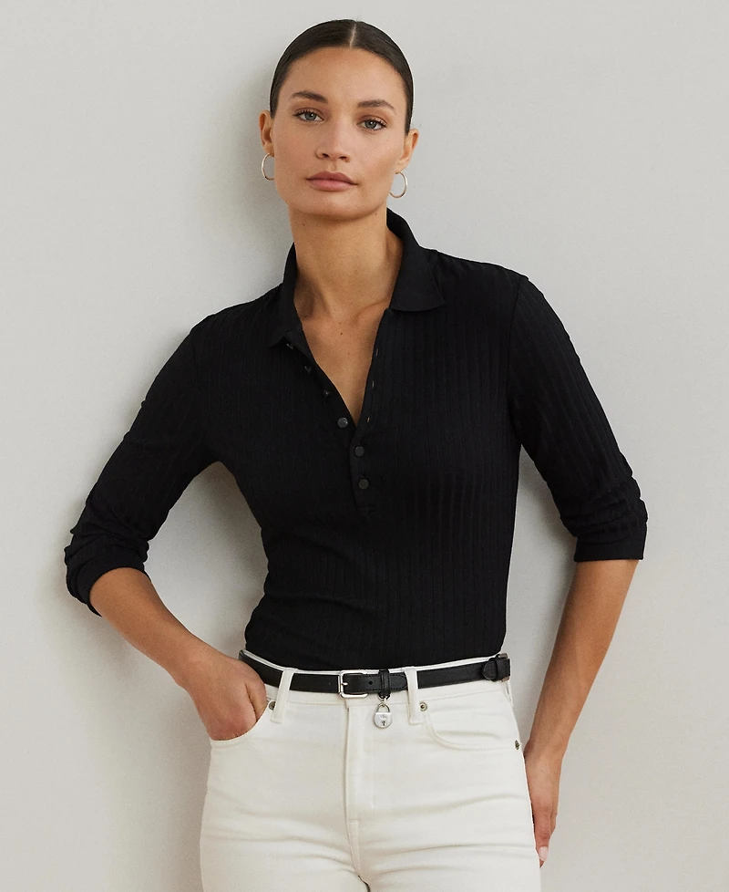 Lauren Ralph Women's Rib-Knit Three-Quarter-Sleeve Polo Shirt