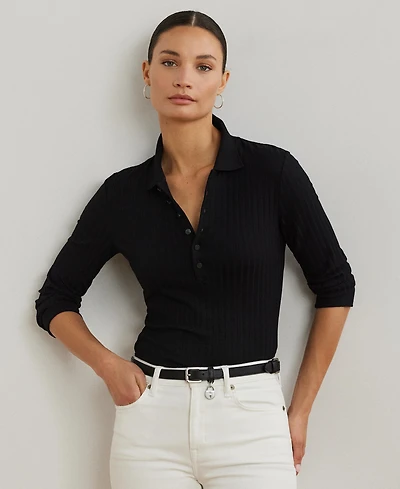 Lauren Ralph Women's Rib-Knit Three-Quarter-Sleeve Polo Shirt
