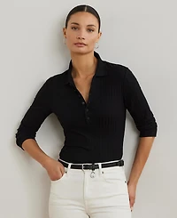 Lauren Ralph Women's Rib-Knit Three-Quarter-Sleeve Polo Shirt