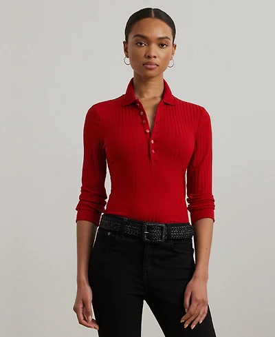 Lauren Ralph Women's Rib-Knit Three-Quarter-Sleeve Polo Shirt