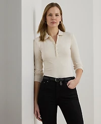 Lauren Ralph Women's Rib-Knit Three-Quarter-Sleeve Polo Shirt