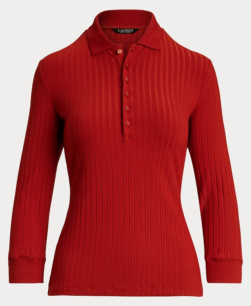 Lauren Ralph Women's Rib-Knit Three-Quarter-Sleeve Polo Shirt