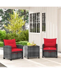 5 Piece Patio Rattan Furniture with 2 Ottomans and Tempered Glass Coffee Table-Red