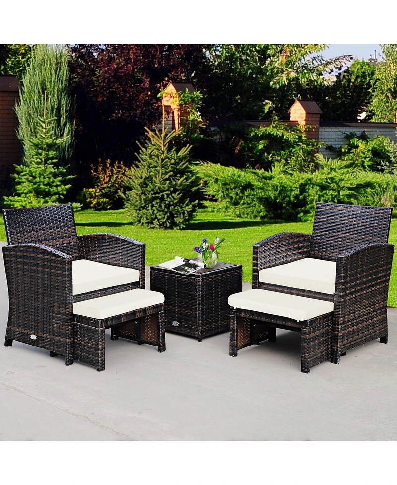 5 Pieces Patio Rattan Furniture Set with Ottoman and Tempered Glass Coffee Table-White