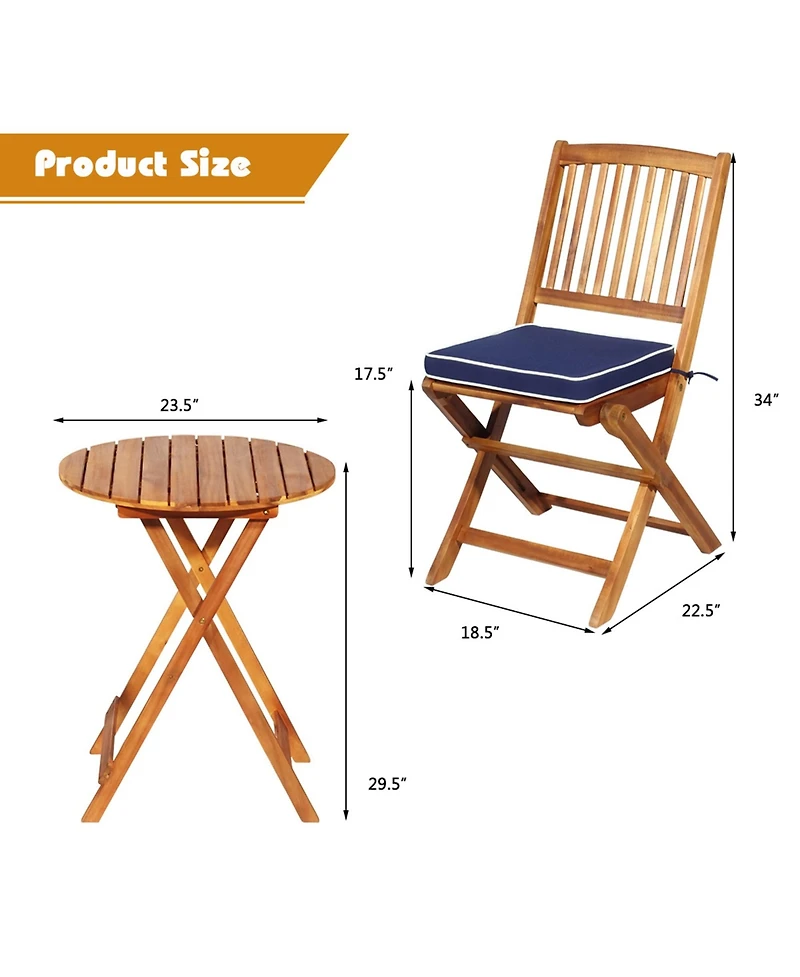 Gymax 3PCS Folding Patio Conversation Set Acacia Wood Bistro Set w/ Cushions