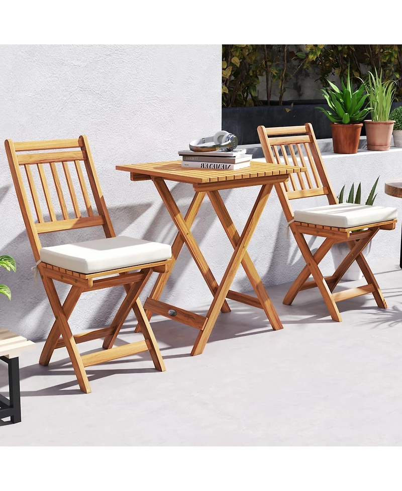 Outdoor Wood Bistro Set with Soft Seat Cushions and Table