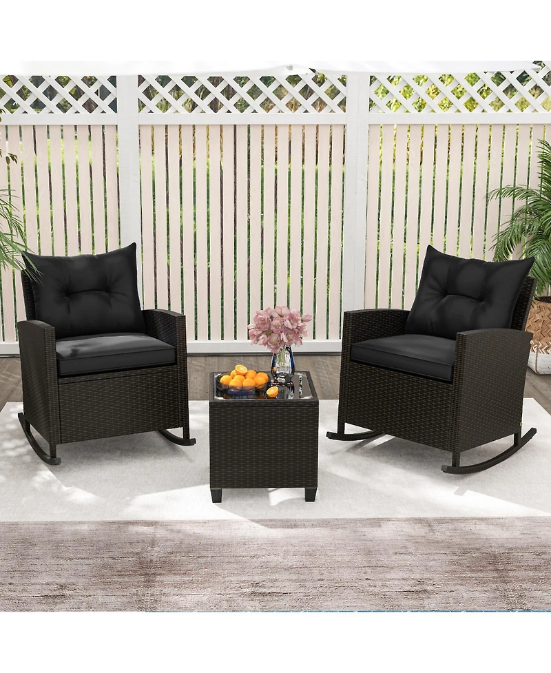 3-Piece Patio Rattan Roker Chairs with Tempered Glass Table and Soft Cushions-Black