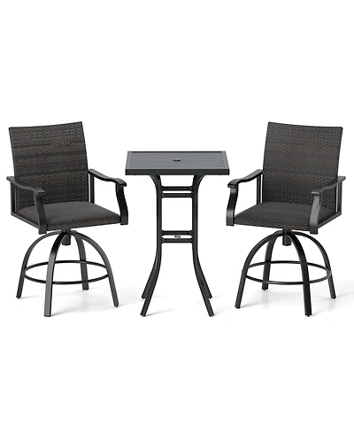 3 Pieces Pe Wicker Patio Swivel Bar Set with Quick-Drying Foam-Black