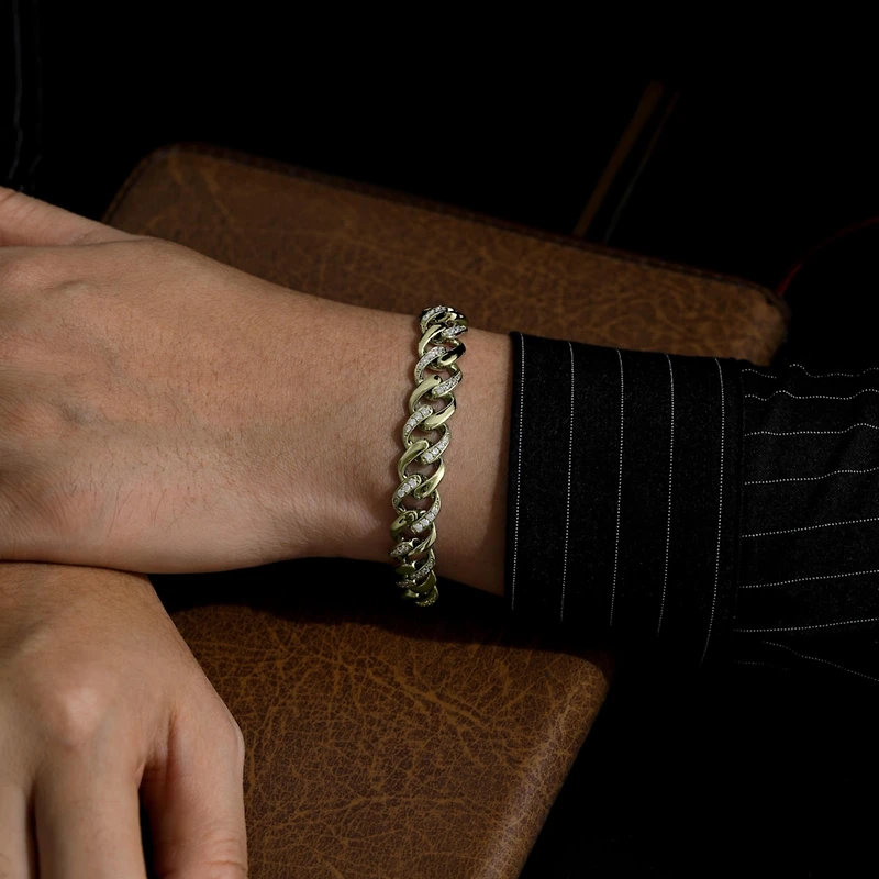 Bold Men's Curb Chain Bracelet with Iced Out Cubic Zirconia Sterling Silver