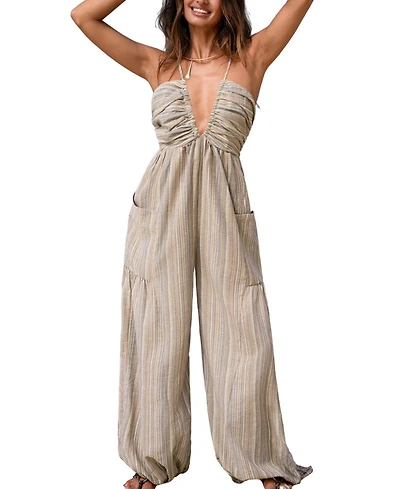 Cupshe Women's Striped Plunge Loose Leg Jumpsuit