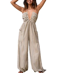 Cupshe Women's Striped Plunge Loose Leg Jumpsuit