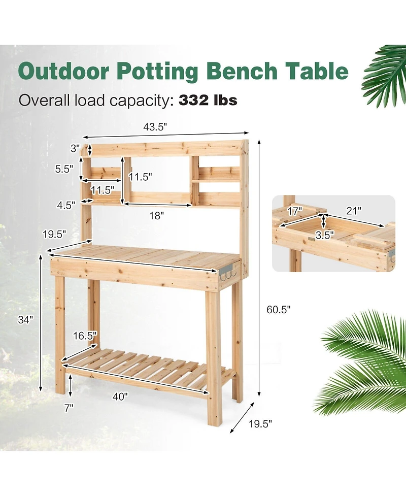 Large Garden Potting Bench Table with Display Rack and Hidden Sink-Natural