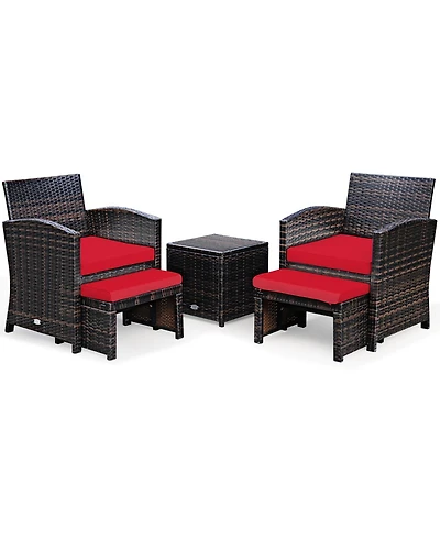 5 Pieces Patio Rattan Furniture Set with Ottoman and Tempered Glass Coffee Table
