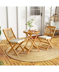 3 Pieces Acacia Wood Patio Folding Bistro Set with Soft Cushions-Beige