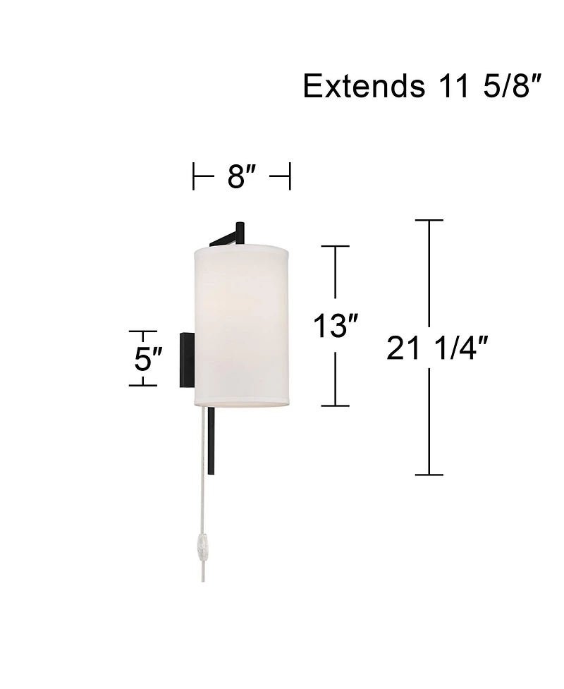 Possini Euro Design Bixby Modern Wall Lamps Set of 2 Black Metal Plug-in 8" Light Fixture White Fabric Drum Shade for Bedroom Reading Living Room