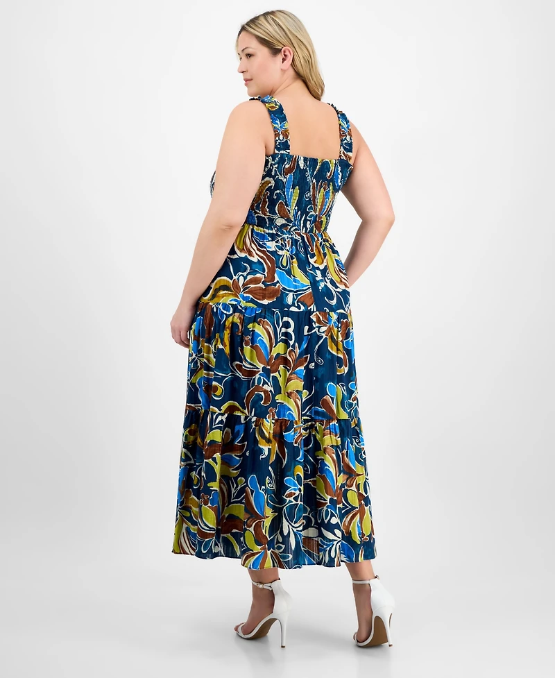 Anne Klein Plus Printed Smocked Cotton Sleeveless Maxi Dress