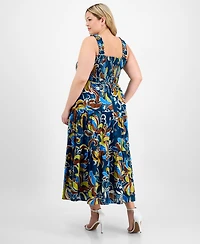 Anne Klein Plus Printed Smocked Cotton Sleeveless Maxi Dress