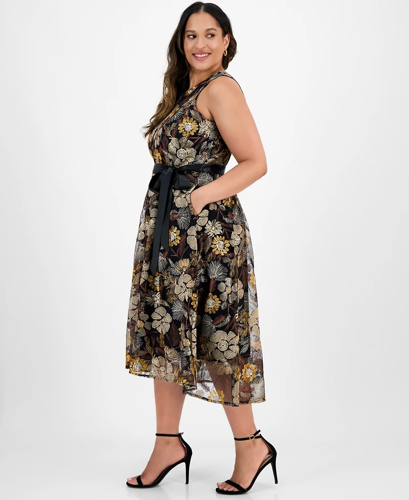 Tahari Asl Plus Embroidered-Mesh Tie-Waist Dress