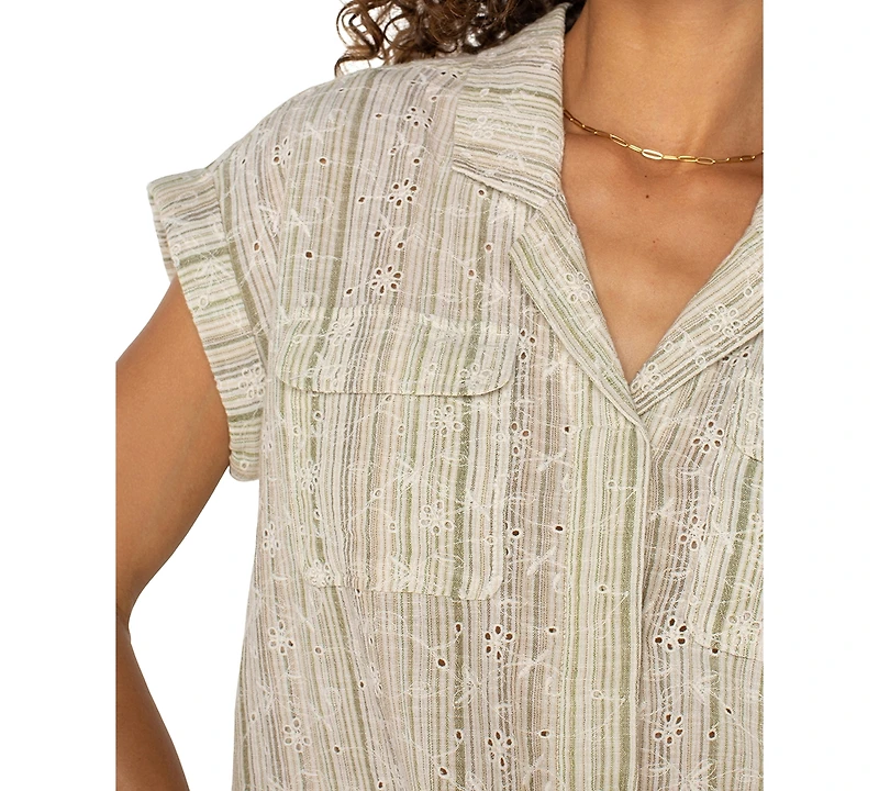 Liverpool Los Angeles Petite Striped Dolman-Sleeve Camp Shirt