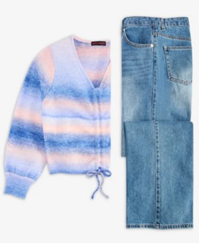With Jules Big Girls Drawstring Rainbow Sweater Wide Leg Jeans