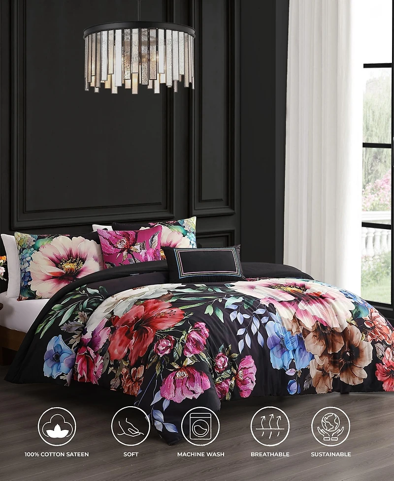 Bebejan Black Night Poppies Bedding 100% Cotton Sateen 5 Piece Queen Size Reversible Comforter Set