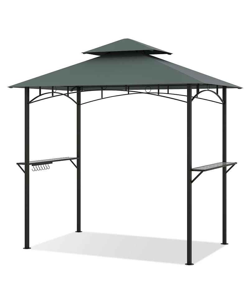 Outdoor Double-Tiered Grill Gazebo Canopy with 2 Shelves and 7 Hooks