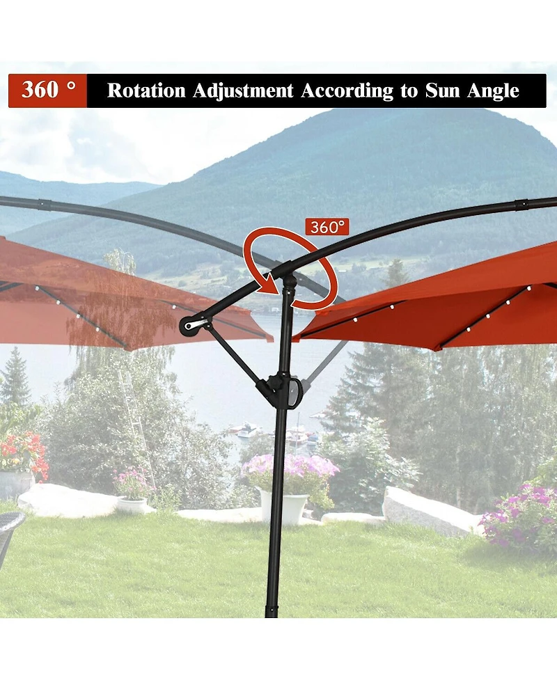 10 Feet 360° Rotation Solar Powered Led Patio Offset Umbrella without Weight Base