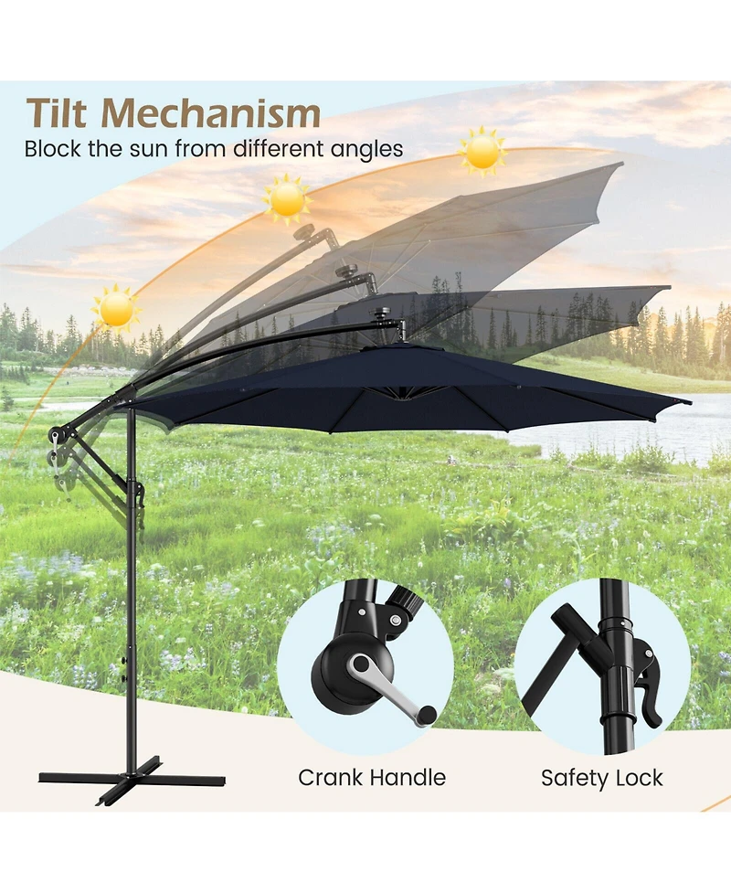 10 Feet Patio Offset Umbrella with 112 Solar-Powered Led Lights-Beige-Navy