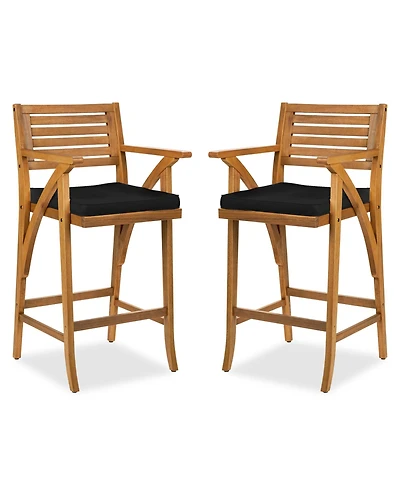 Best Choice Products Set of 2 Outdoor Acacia Wood Bar Stools Bar Chairs w/ Weather-Resistant Cushions