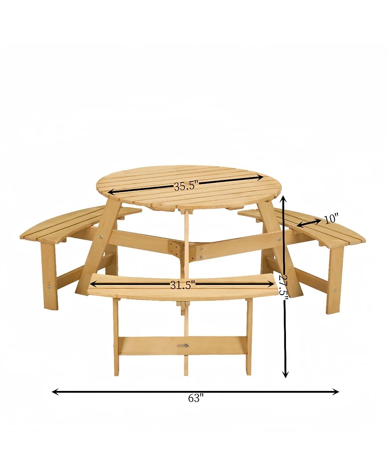 Outdoor 6 Person Picnic Table, 6 person Round Picnic Table with 3 Built-in Benches, Umbrella Hole