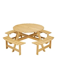 70 in. Natural Light Brown wood 8-Person Round Wooden Outdoor Picnic Table with 4 Built-in Benches and Umbrella Hole