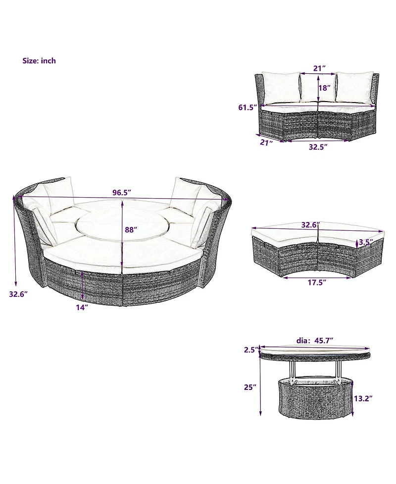 5-Piece Round Rattan Sectional Sofa Set All-Weather Pe Wicker Sunbed Daybed with Round Liftable Table and Washable Cushions