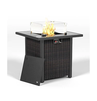 28 in. Propane Fire Pit Table, Rattan and Wicker,50000 Btu, Glass Windscreen Protector