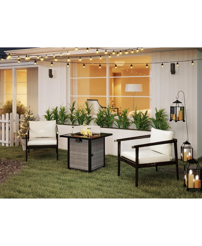 28 in. Outdoor Wicker Propane Fire Pit Table, 50000 Btu Gas Firepits Tempered Glass Tabletop Glass Wind Guard