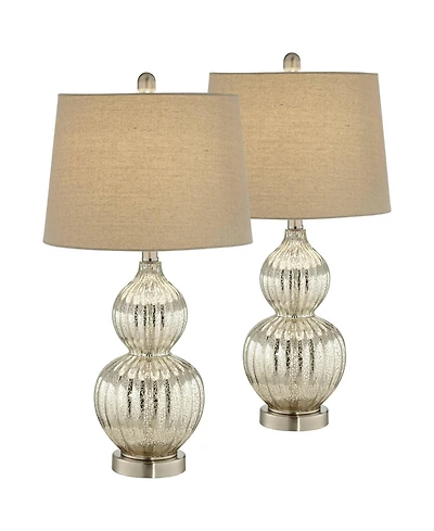 Regency Hill Lili Country Cottage Table Lamps 25" High Set of 2 Fluted Mercury Glass Double Gourd Beige Drum Shade for Bedroom Living Room Bedsid